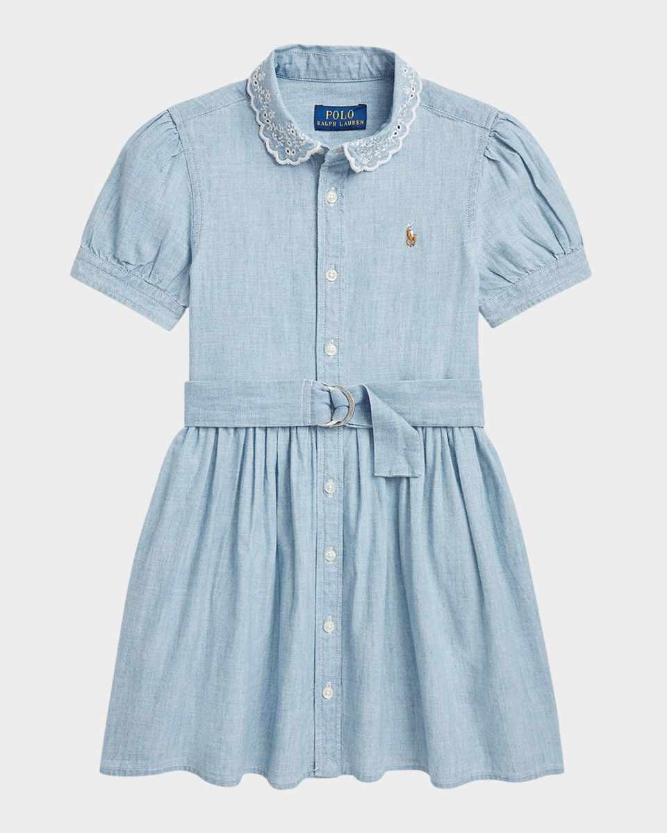Girl's Chambray Eyelet Embroidered Dress, Size 2-6X